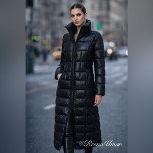 BCBGMaxAzria Long Black Quilted Down & Feather Puffer Coat – Sleek & Polished